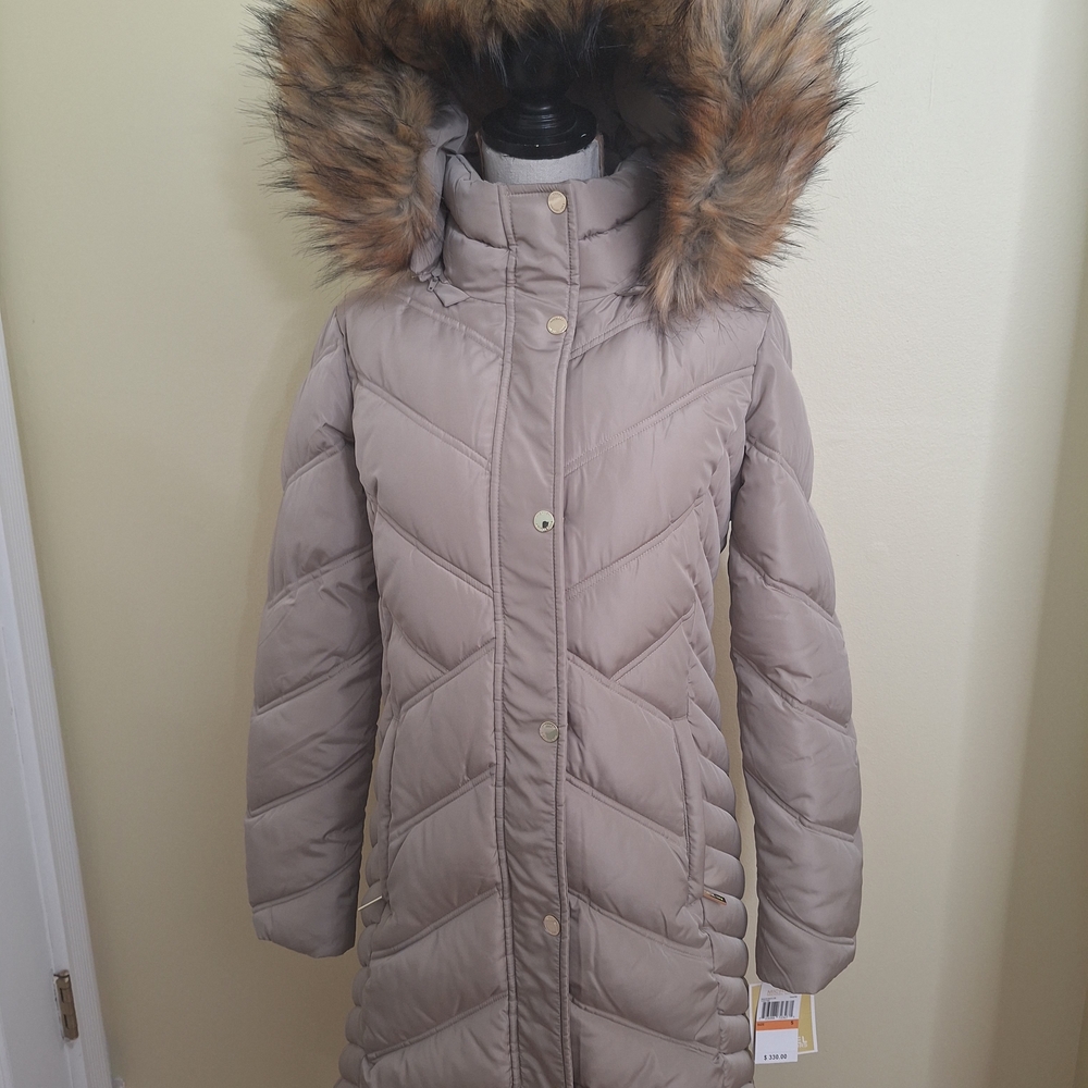 Michael Kors Womens Taupe Puffer Coat with Faux Fur Trim
